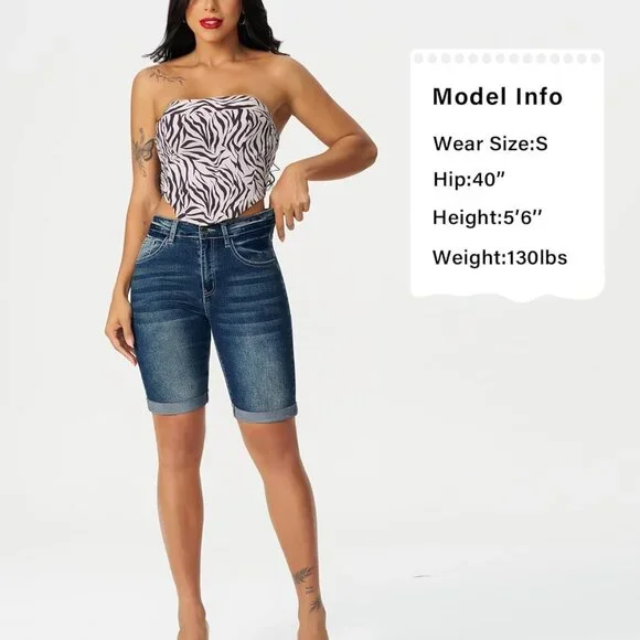 Women's Blue Stretch Denim Bermuda Shorts, Mid Rise, Rolled Hem